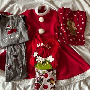 Lot of Christmas pj’s, and Santa style dress sz 10